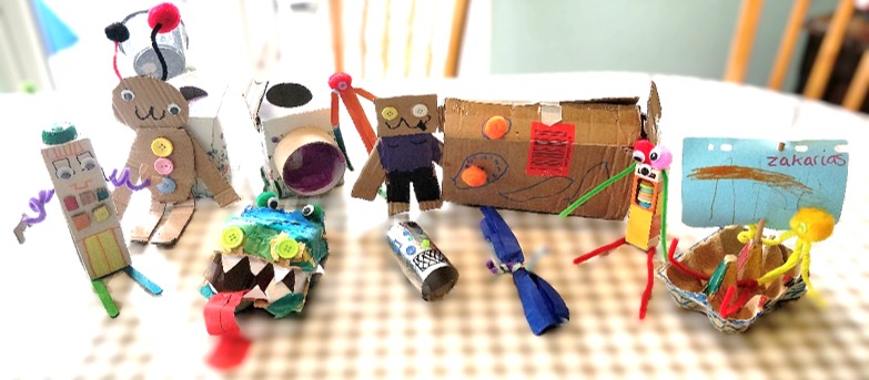 Creative junk modelling artwork made during a Young'uns Art Explorers session